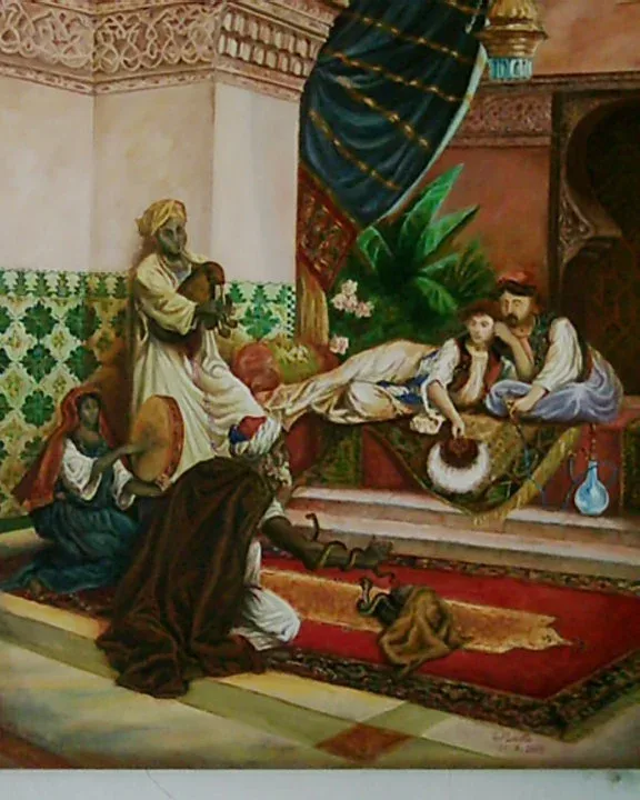 Palace scene with figures and patterned carpets, oil on canvas by Dr. Sam Kreit