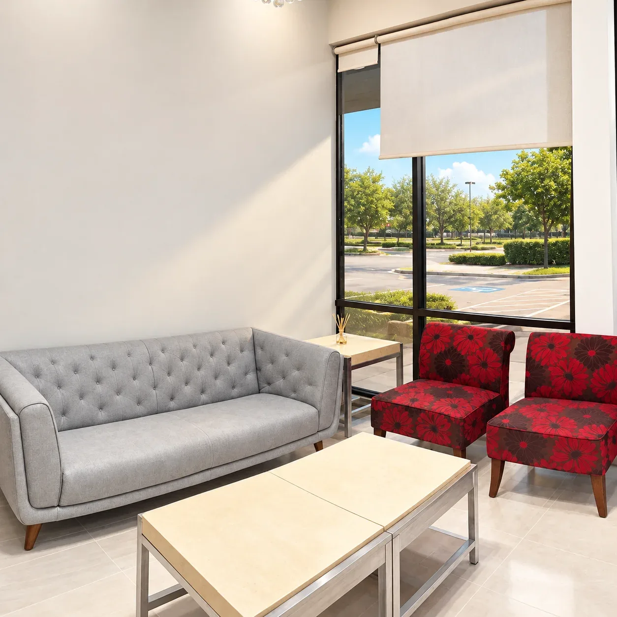 Waiting area with gray tufted sofa, red armchairs and a window onto the parking lot