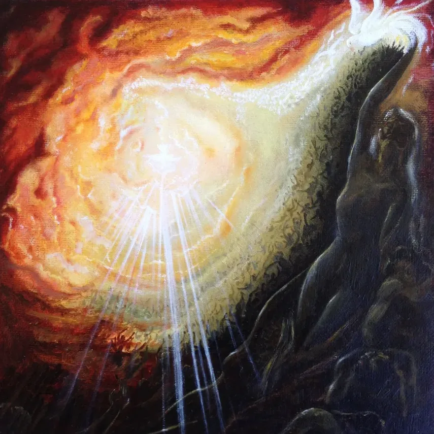 Rays of light breaking through a fiery sky, oil on canvas by Dr. Sam Kreit
