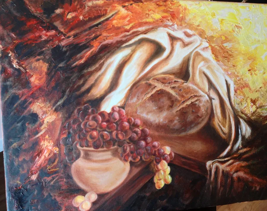Still life with bread, grapes and a clay jar, oil on canvas by Dr. Sam Kreit