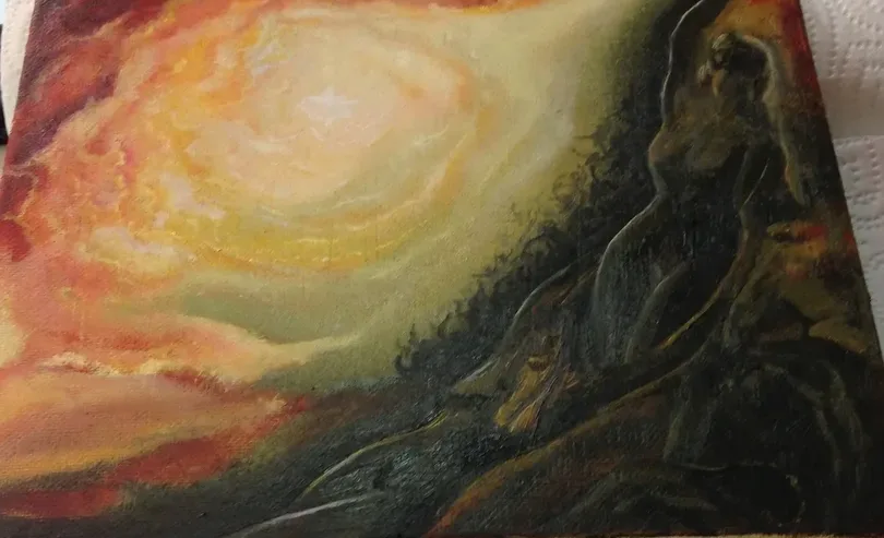 Abstract study of swirling golden light, oil on canvas by Dr. Sam Kreit