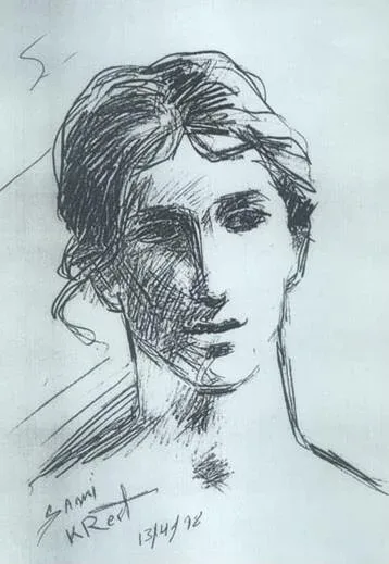 Pencil sketch of a woman's face, signed by Dr. Sam Kreit